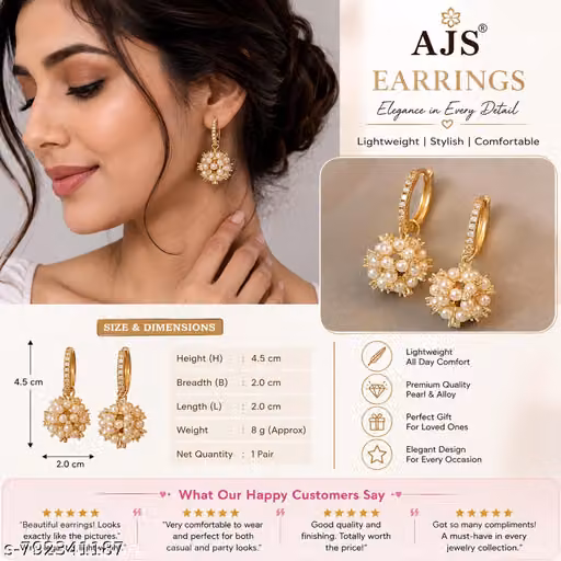Gold Plated Pearl Cluster Hoop Earrings for Women & Girls, Stylish Party Wear Fashion Earrings