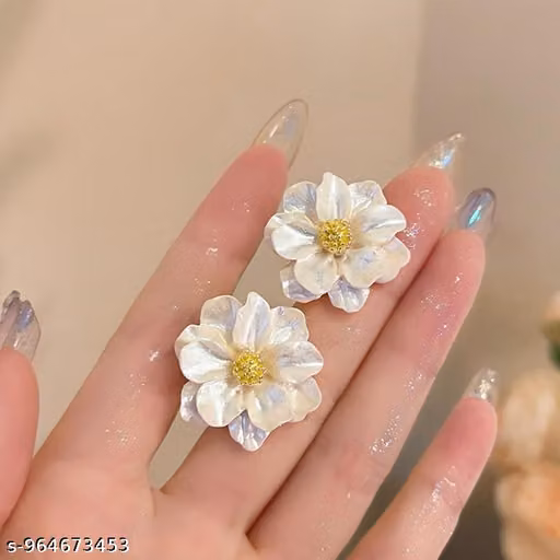 Elegant White Flower Pearl Finish Stud Earrings for Women & Girls | Korean Style Floral Fashion Jewellery
