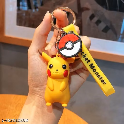 AJS Pokamon Pikachu 3D Keychain | Cute Keyring & Quirky Bag Charm | Hard Silicone, Unbreakable | Kids Friendly | Comes With A Strap & Bag Hook | Single