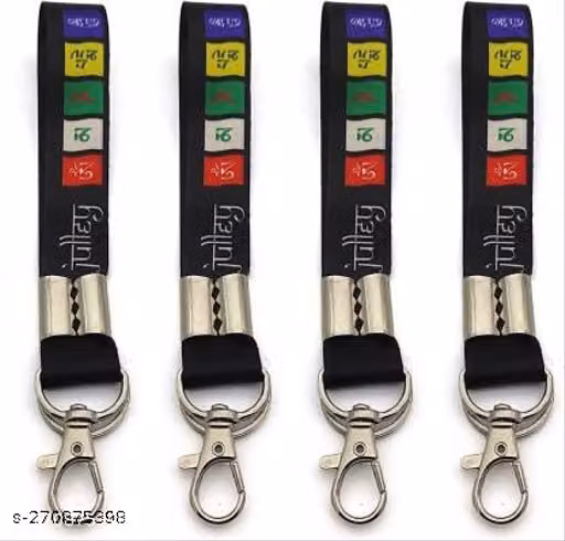 Fashion Tibetan Prayer Julley Flag 7 inch Lanyard Fabric Tag For Riders Key Chain (Black,Pack of 4)