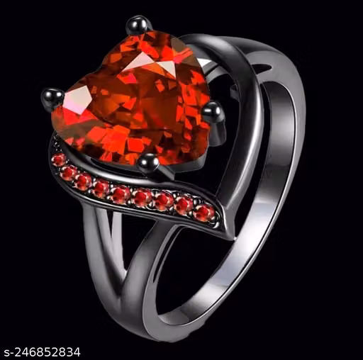 Rings for Women and Girls | Fashion Finger Ring | Red Crystal Stone Studded Rings | Black Gun Plated Ring | Heart Shaped Ring for Women | Accessories Jewellery for Women | Birthday Gift for Girls and Women Anniversary Gift for Wife