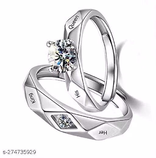 Silver Couple Ring, Adjustable | Gifts for Women and Girls | Silver Adjustable Ring Band | Couple Finger Ring for Men/Women/Lovers (Her king_His Queen Ring, Silver)