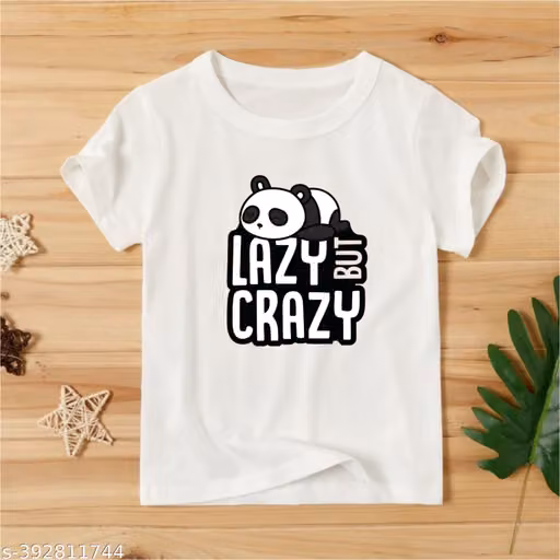 Lazy Crazy Panda Printed White T-Shirt for Kids | Round Neck