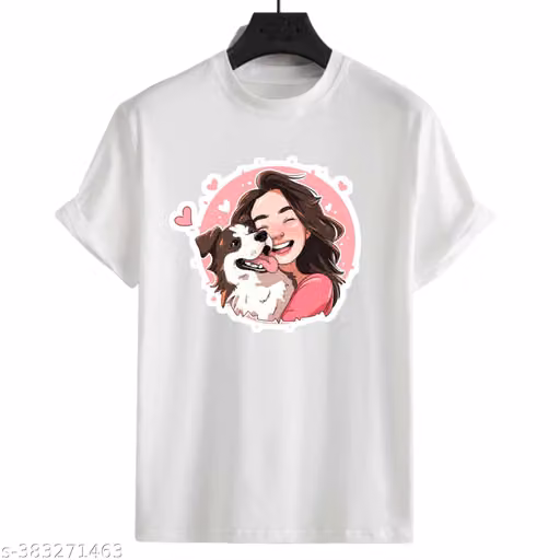 Cute Girl and Puppy Printed White T-Shirt for Kids | Round Neck
