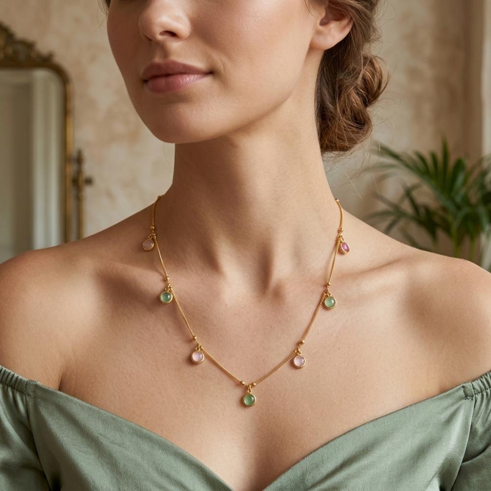 The99Jewel Minimal Gold Chain Necklace with Crystal Drop Charms