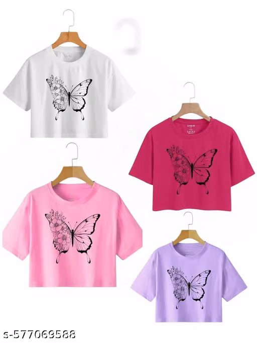 Women’s Butterfly Printed Cotton Blend Half Sleeve Crop Top