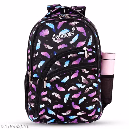 Black Feather Print Backpack with Bottle Pocket for Girls