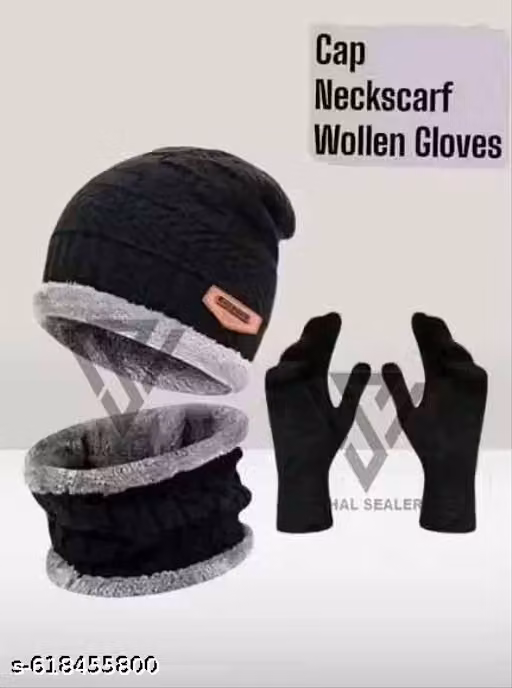 Men’s & Women’s Woollen Winter Cap with Muffler & Gloves | Unisex 3-Piece Set