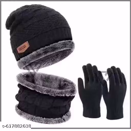 Black Woollen Winter Beanie Cap with Neck Muffler & Cotton Gloves | Men & Women