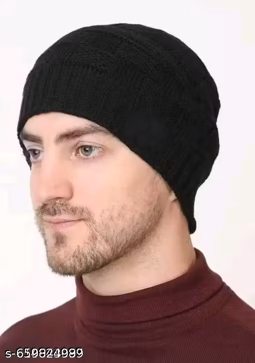 Black Woollen Winter Beanie Cap with Neck Muffler & Cotton Gloves | Men & Women