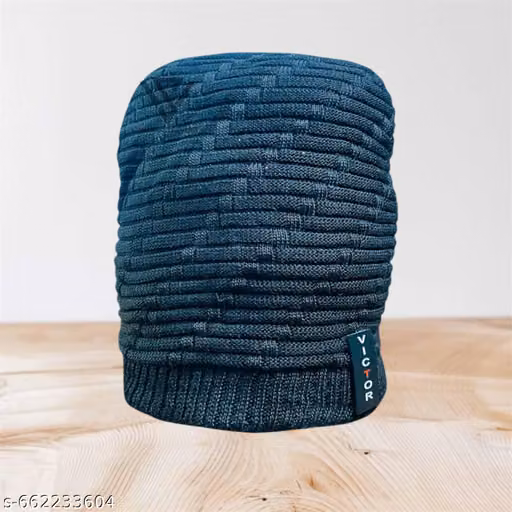 Premium Black Knitted Winter Beanie Cap | Checked Cotton Winter Cap