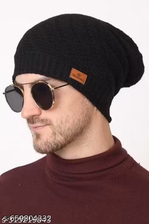 Men’s Black Woollen Slouchy Beanie Cap with Fur Inside | Winter Cap