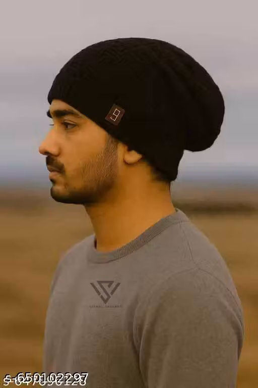 Men’s Black Woollen Style Beanie Cap | Printed Winter Cap for Boys & Men