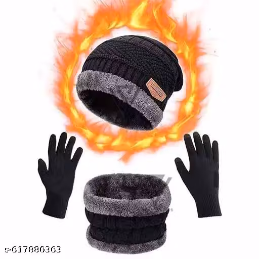 Winter Woollen Beanie Cap with Neck Warmer & Gloves Set for Men & Women | 2-Piece