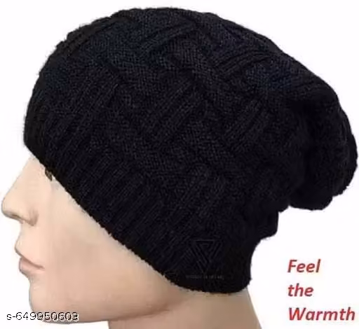 Women & Unisex Black Acrylic Winter Beanie Cap | Checked Warm Cap
