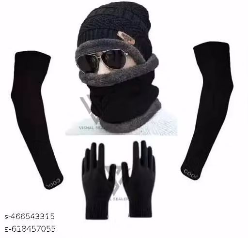 Unisex Woollen Winter Cap, Neck Warmer & Gloves Set | Striped Balaclava Cap