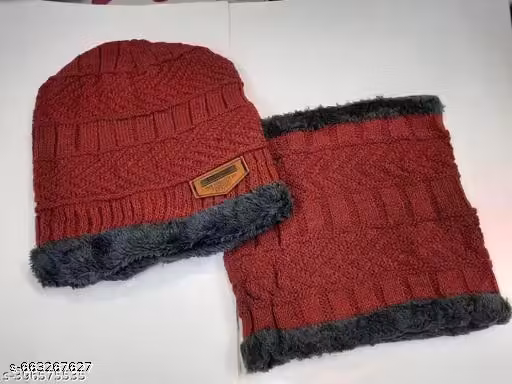 Red Woollen Beanie Cap with Neck Muffler Scarf | Unisex Winter Cap Set