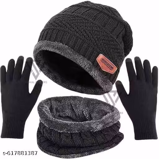 Black Woollen Beanie Cap with Neck Scarf | Fleece-Lined Winter Cap for Men & Women