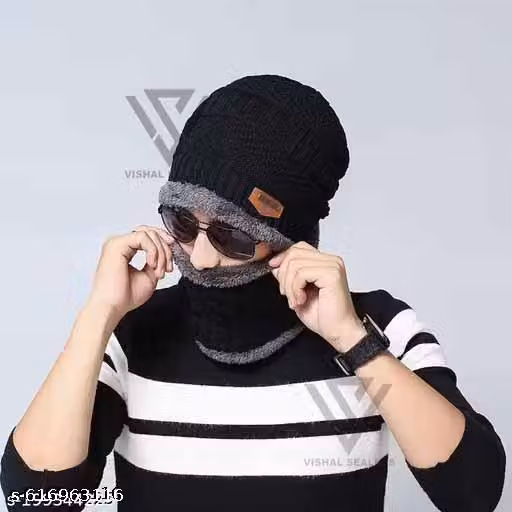 Men & Women Winter Cap with Neck Warmer | Striped Unisex Cap Set