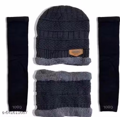 Black Acrylic Winter Cap Set with Neck Warmer, Scarf & Gloves | Unisex Winter Wear