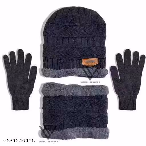 Winter Knit Woollen Beanie Cap with Neck Warmer & Gloves | 3-Piece Set