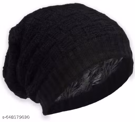 Men & Women Unisex Black Woollen Beanie Cap | Checked Winter Cap