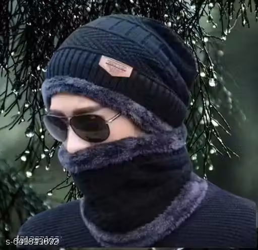 Black Acrylic Winter Beanie Cap with Neck Scarf | Unisex Winter Cap Combo