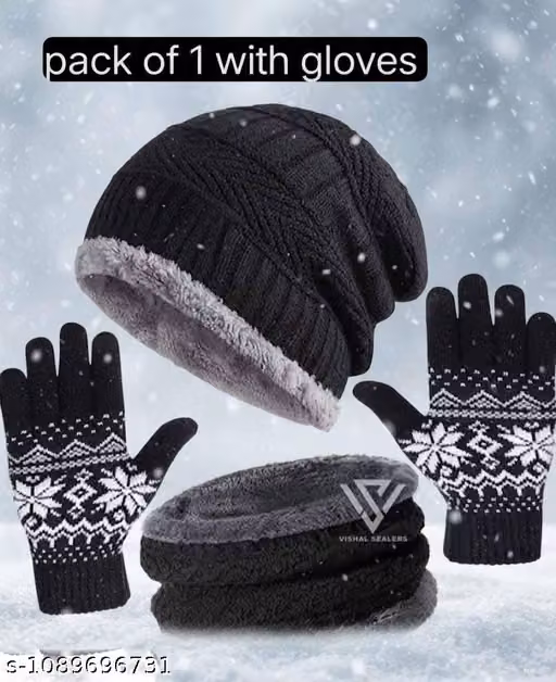 WoolStepalzz Black Cotton Beanie Cap with Neck Scarf | L Size Winter Cap