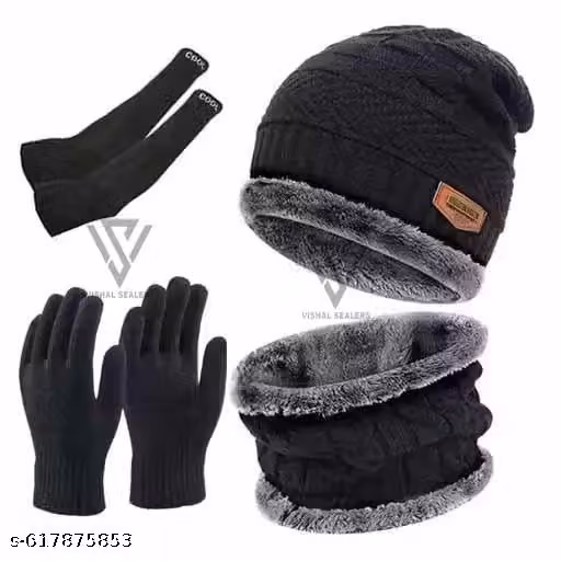 Black Woollen Beanie Cap with Muffler & Gloves Set | Unisex Winter Combo