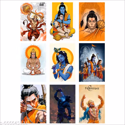 Ram & Hanuman Poster Pack of 9 – Religious Wall Decor for Home & Pooja Room