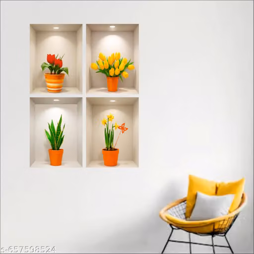 3D Flower Pots Wall Stickers Pack of 4 – Decorative Floral Wall Art for Home Decor