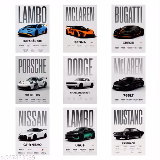 Sports Car Posters Pack of 9 – 4 x 6 Inch Car Wall Decor Posters