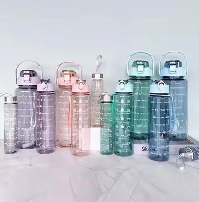 3 Pcs Transparent Water Bottle Set with Straw | 2000ml, 800ml & 300ml Time Marker Plastic Sipper