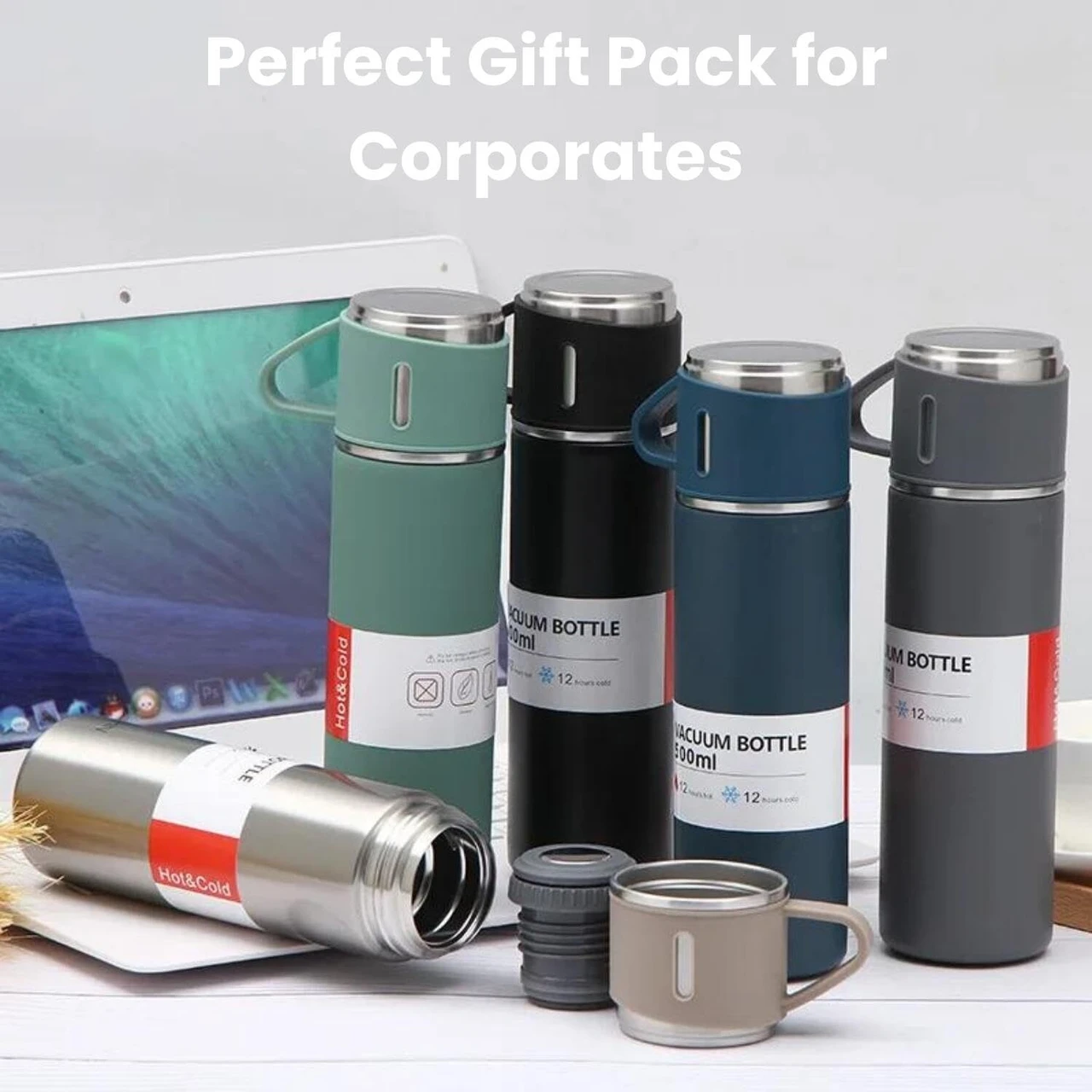 500ml Vacuum Flask with 2 Cups | Double Wall Insulated Stainless Steel Bottle