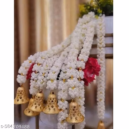 Artificial White Flower Garland with Golden Bells – Home Decor