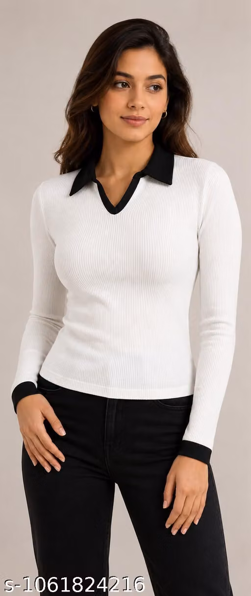 Women’s Trendy Ribbed V-Neck Top with Contrast Collar | Stylish Casual Top for Everyday Wear
