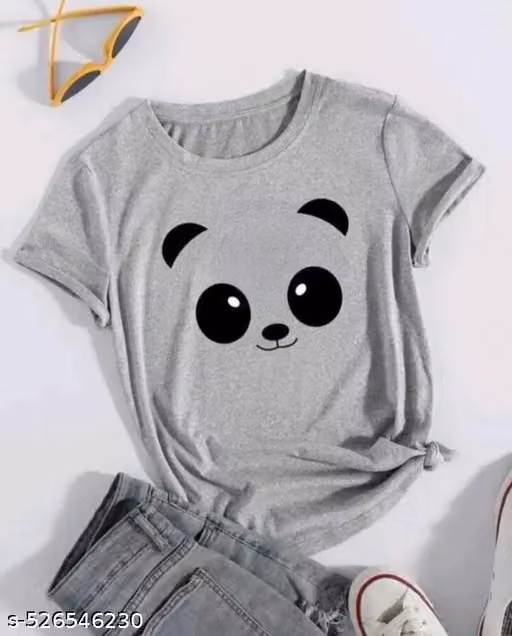 Somatic Fashion Printed Eye Panda Cotton T Shirt Light Grey For Girls & Women