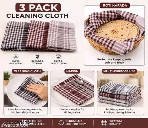 Cotton Checked Kitchen Napkins & Cleaning Cloths – Reusable Set, Pack of 3