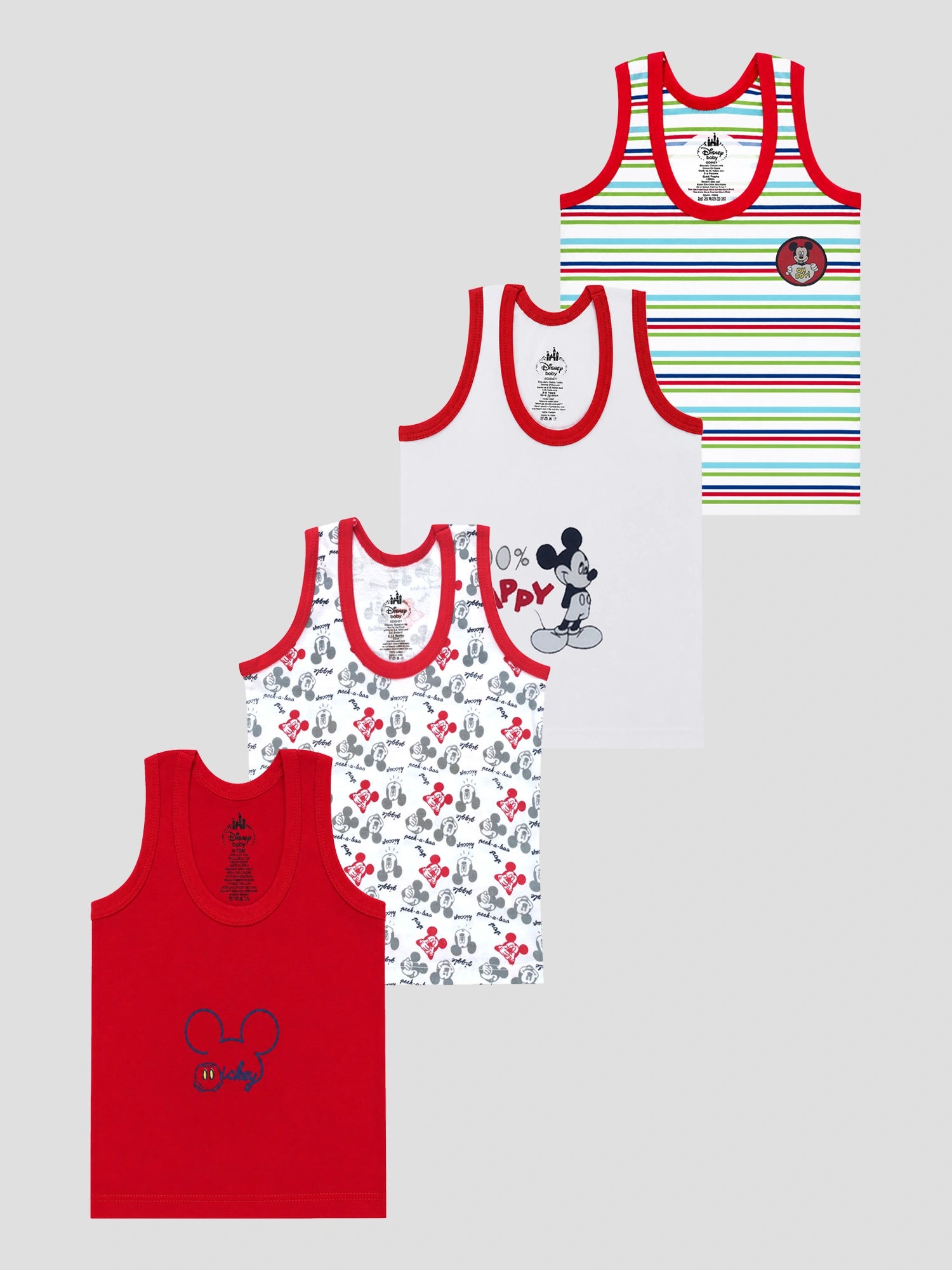 Baby Boys Mickey & Friends Innerwear Vest Cotton Regular Fit Round Neck Sleeveless for Everyday Comfort - Pack of 4