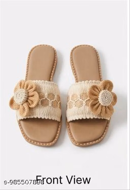 Women's Floral Crochet Flat Sliders | Soft Comfortable Slip-On Sandals | Stylish Daily Wear Beige Flats