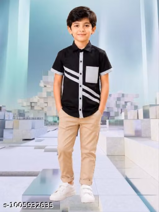 Boys Black Casual Cotton Blend Half Sleeve Stylish Shirt with Contrast Pocket & Stripe Design