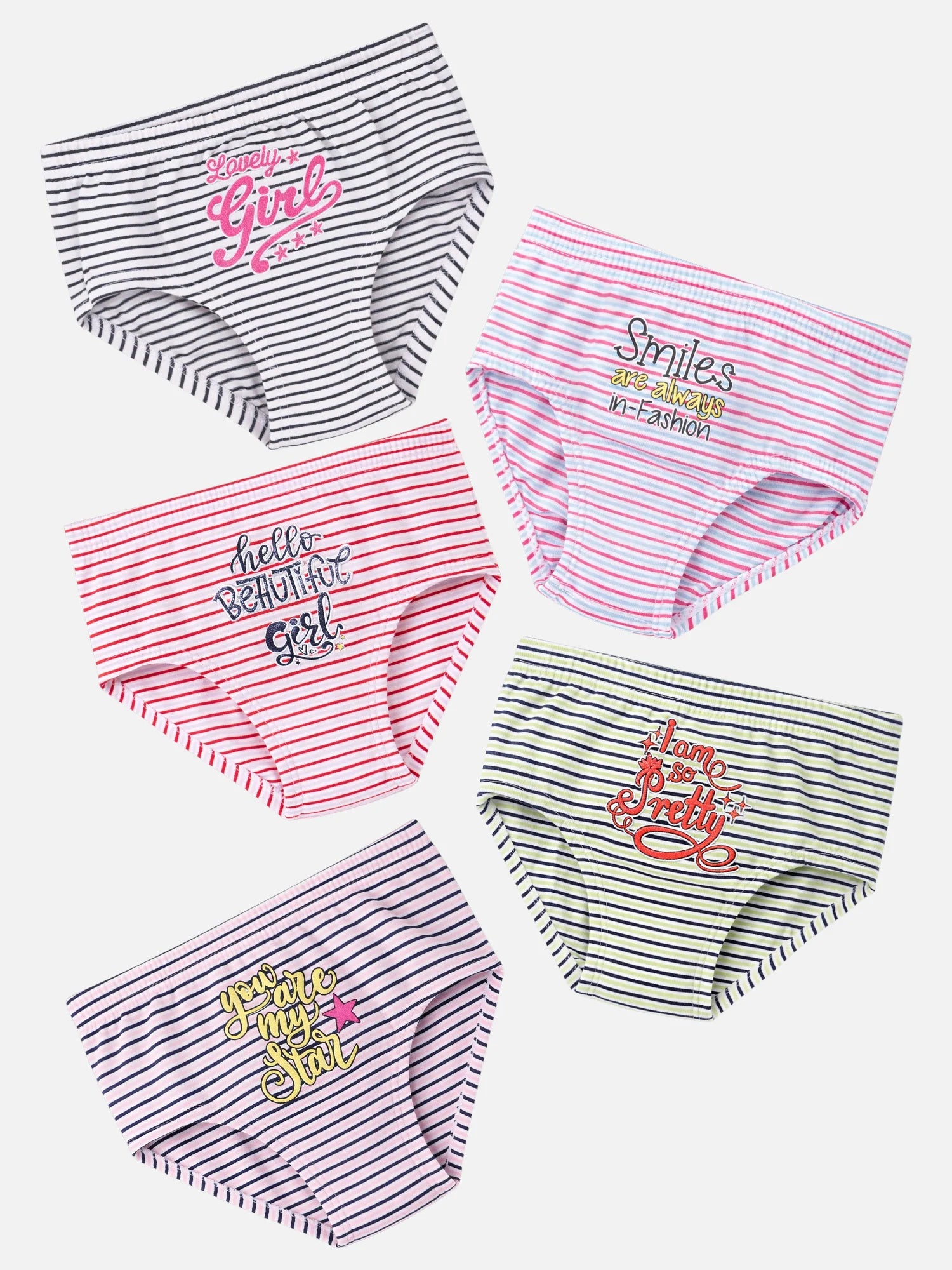 Bodycare Girls 100% Cotton Striped Panty with Inner Elastic – Mid-Rise, Pack of 5