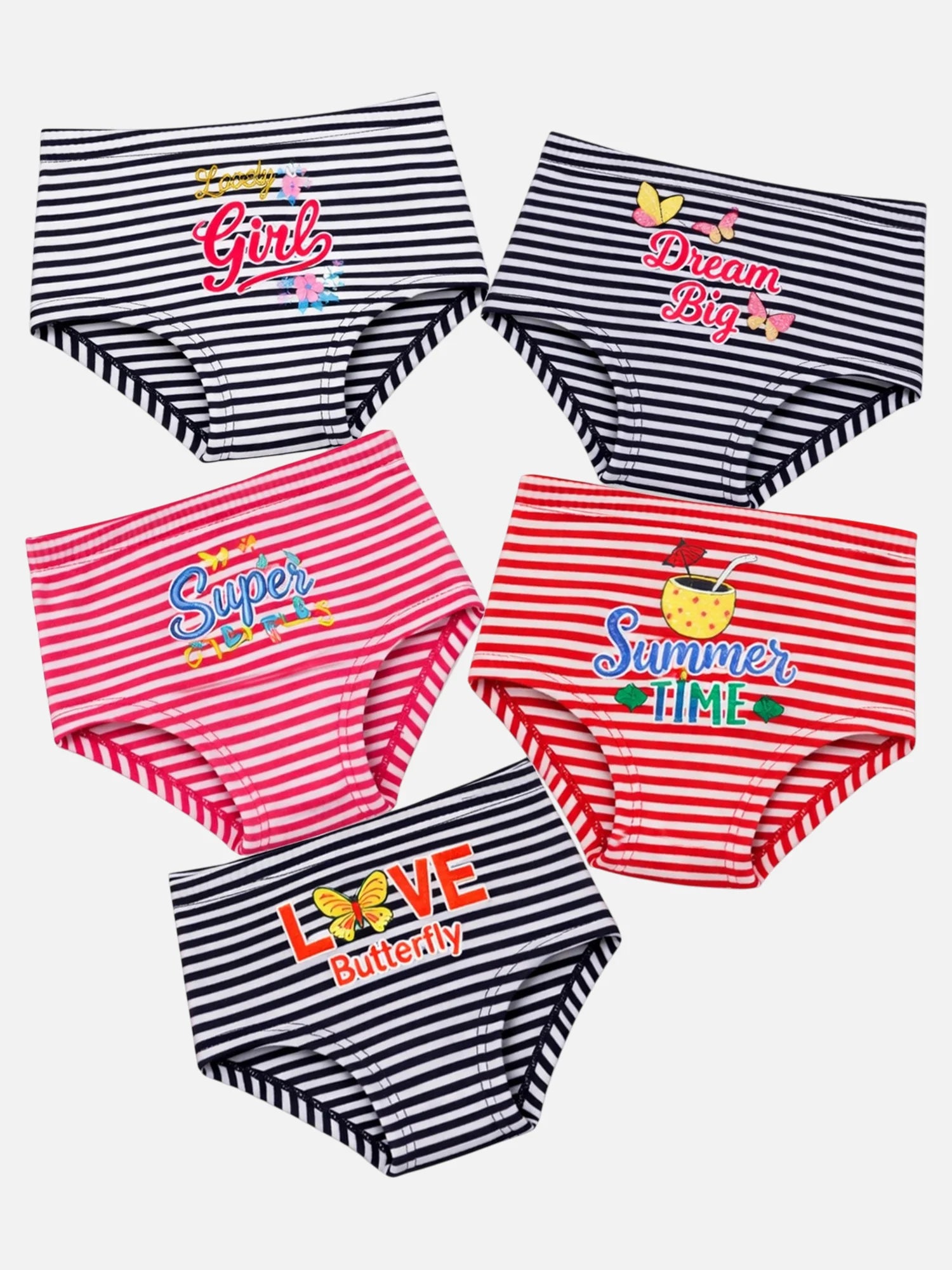 Bodycare Girls 100% Cotton Striped Panty with Inner Elastic – Mid-Rise, Pack of 5