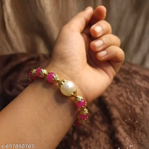 Pink Beaded Haathphool Bracelet for Women – White Faux Pearl & Gold-Tone Floral Design