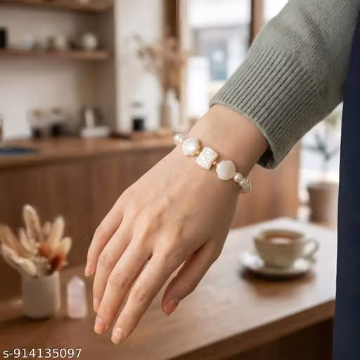 Star Charm Pearl Beaded Bracelet for Women & Girls – Glossy White Stretchable Cuff Jewellery