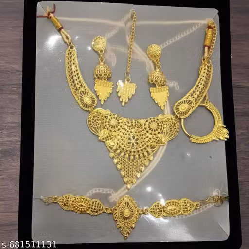 Gold-Tone Bridal Jewellery Set for Women & Girls – Choker, Jhumka, Maang Tikka, Nath & Bracelet