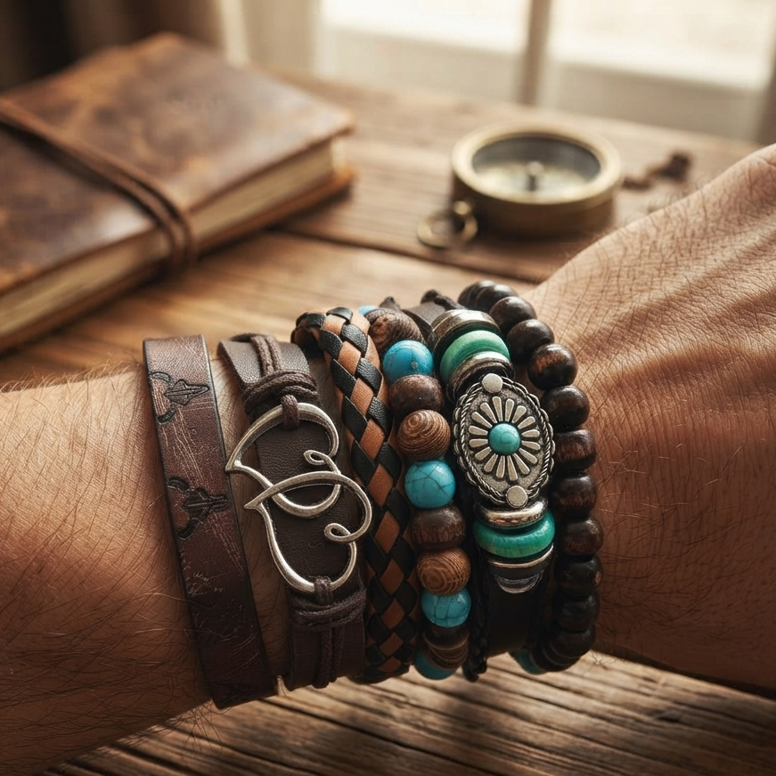 The99Jewel Layered Beaded Bracelet with Woven Strap Design for Men