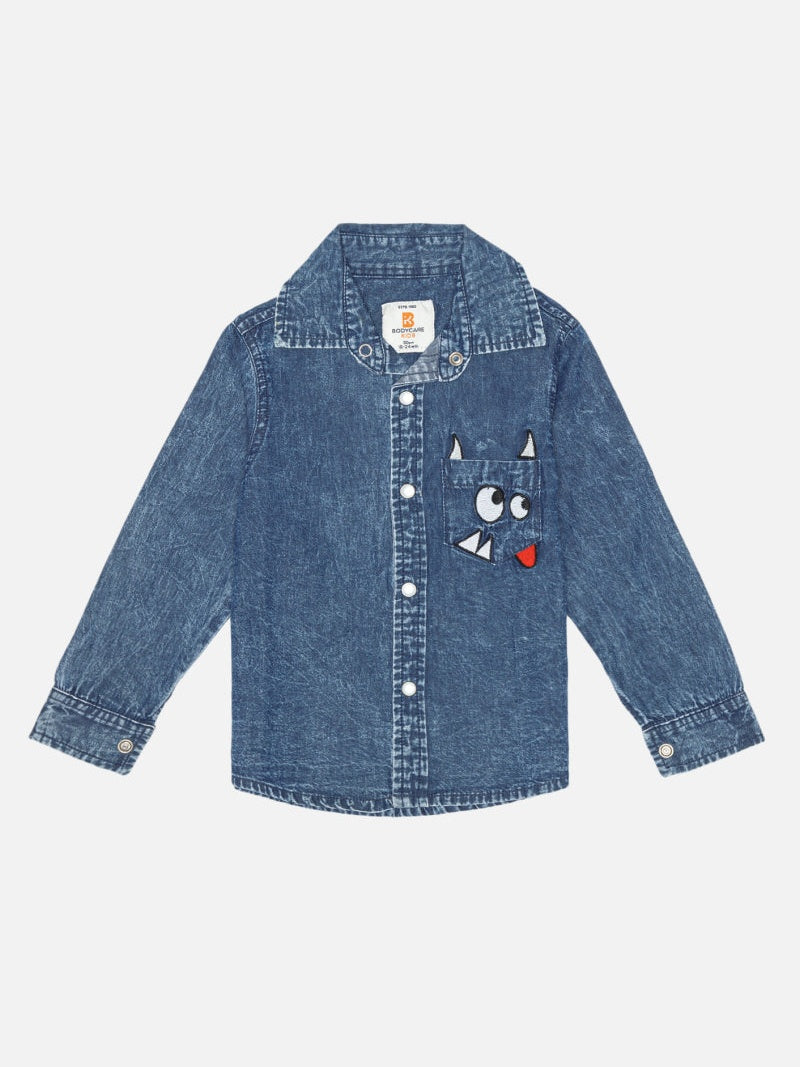 Body Care Boys Denim Full Sleeve Collared Shirt – Solid Blue Casual Wear