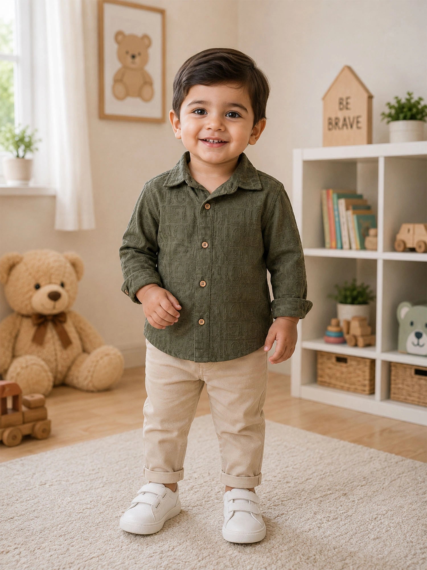 Body Care Baby Boys Jacquard Full Sleeve Collared Shirt – Green Casual Wear