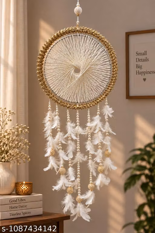 White Gold Dream Catcher Wall Hanging – Handmade Boho Home Decor for Bedroom & Balcony